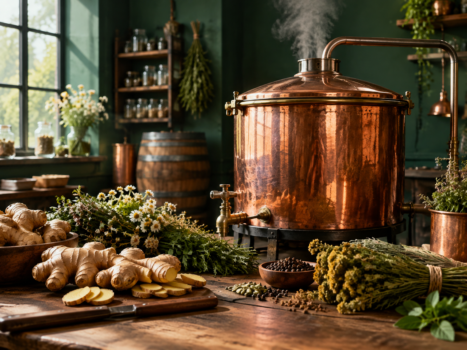 Copper brewing vessel with fresh ginger and botanicals in a small-batch workshop