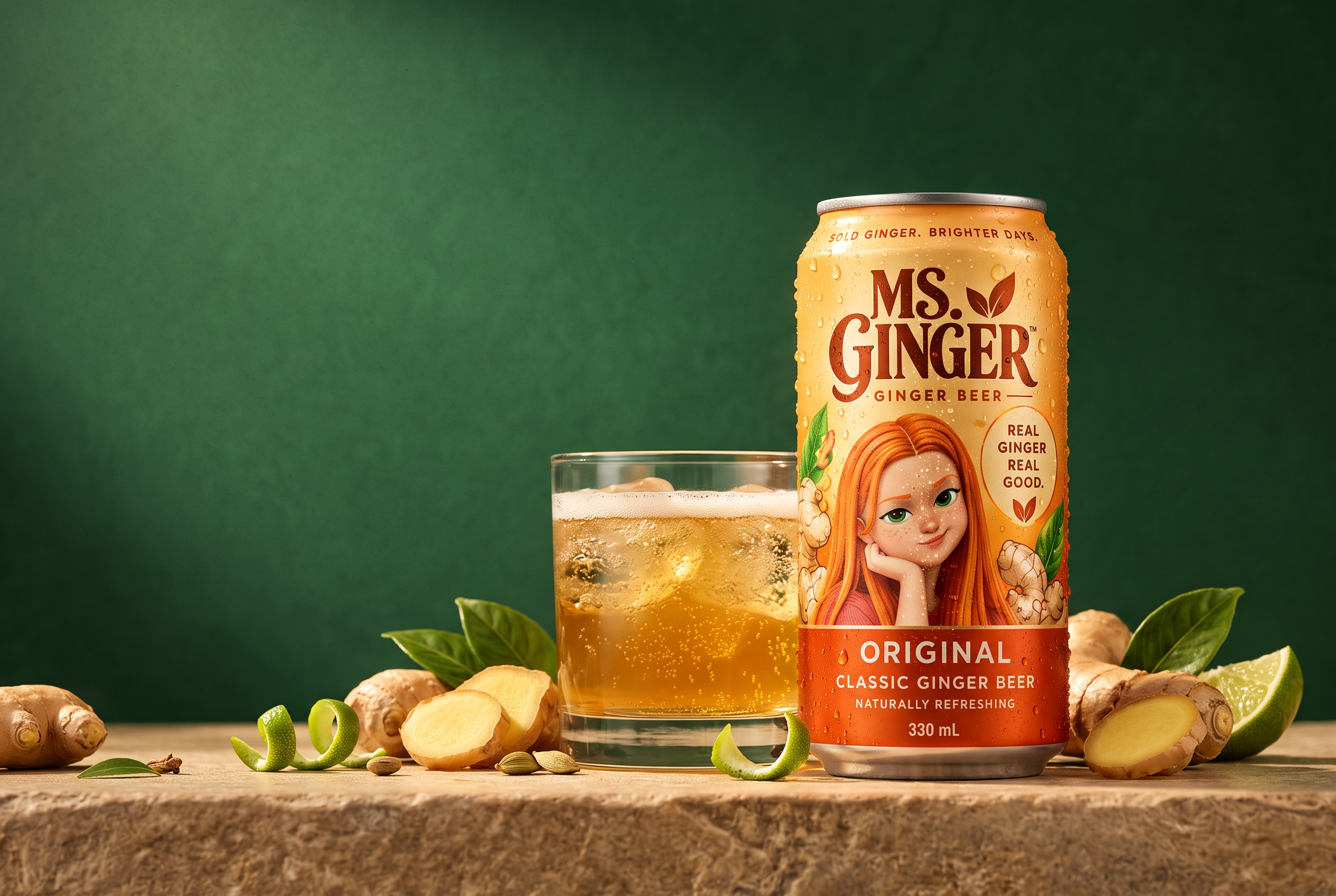 Chilled Ms. Ginger Original can with ginger, lime and a sparkling glass