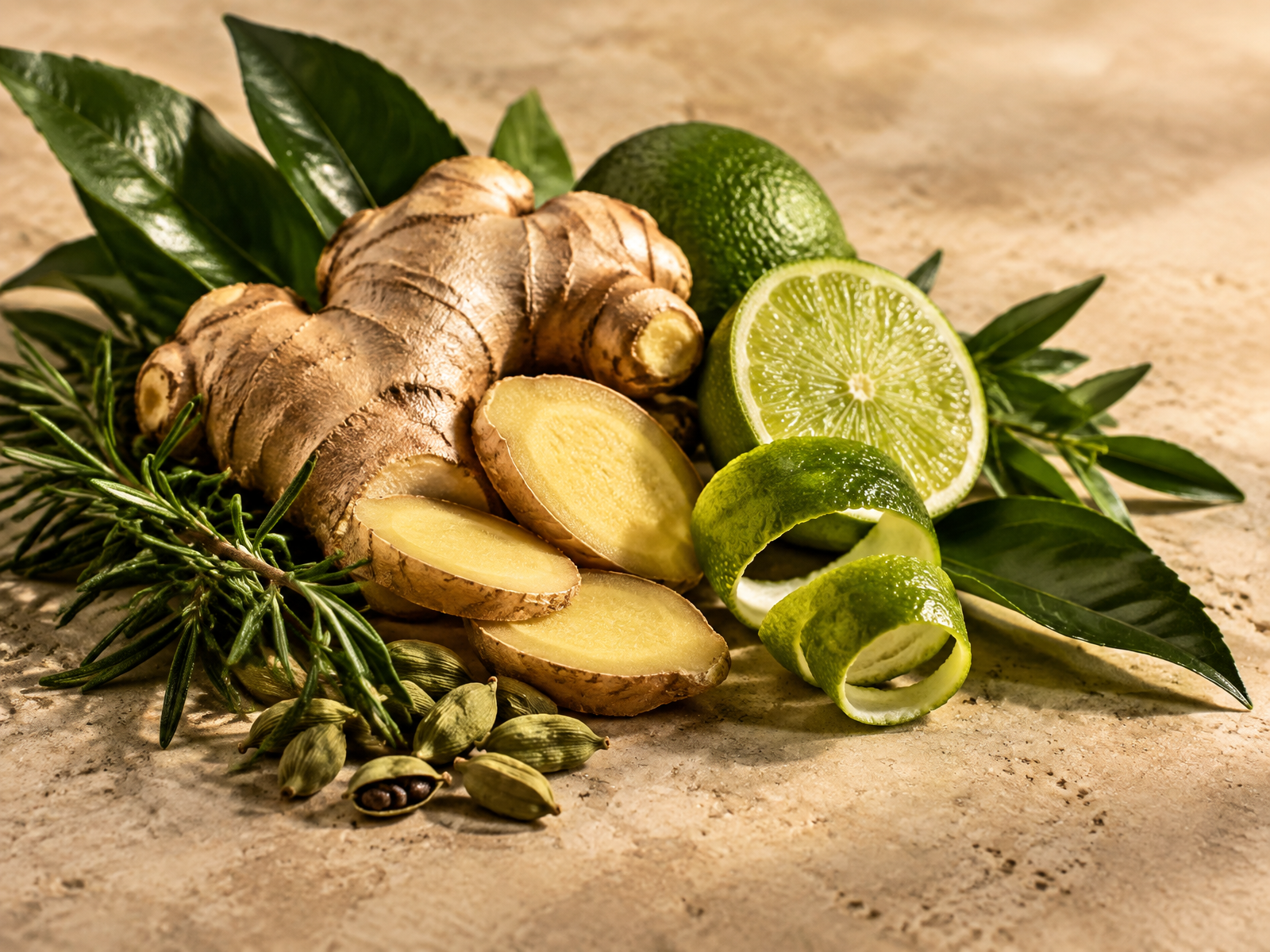 Fresh ginger roots, lime, rosemary and cardamom on warm stone