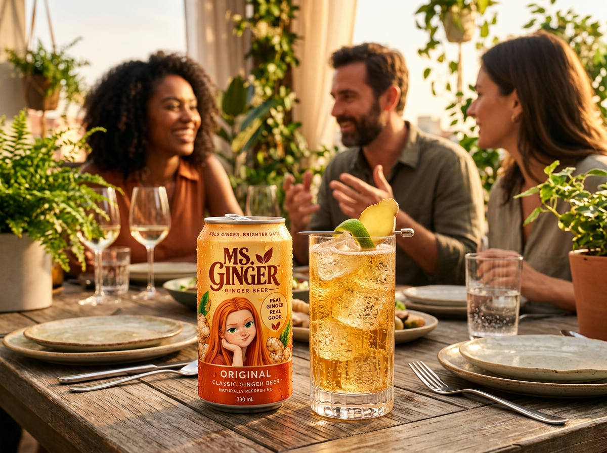 Friends sharing cold Ms. Ginger ginger beer at a sunlit terrace dinner